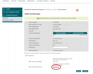 4. Masukkan nomor respon dari BNI e secure pada aplikasi Internet Banking BNI lalu klik bayar