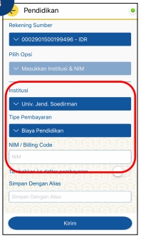 5. Selanjutnya pilih Universitas Jenderal Soedirman pada bagian Institusi Biaya Pendidikan pada bagian Tipe Pembayaran dan masukkan NIM pada kolom yang tersedia.