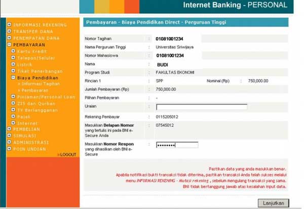 7. Kemudian akan muncul layar konfirmasi disini kamu input kembali delapan nomor yang muncul ke BNI E Secure