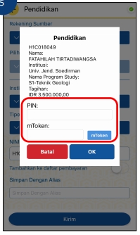 7. Setelah itu lakukan pengecekan tagihan jika sudah benar kemudian masukkan PIN m Banking dan tekan tombol OK untuk melanjutkan proses pembayaran lalu.