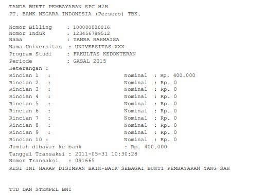 contoh bukti pembayaran UKT lewat Teller Bank BNI