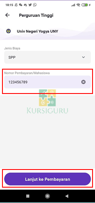7. Masukkan Nomor Pembayaran Sesuai Tagihan Bayar SPP