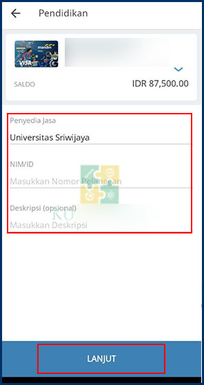 4. Masukkan Info Tagihan UKT Unsri Bayar
